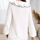 Camisa de manga de linterna de contraste elegante para mujeres con dobladillo de volantes, primavera/otono