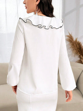 Camisa de manga de linterna de contraste elegante para mujeres con dobladillo de volantes, primavera/otono