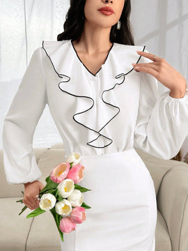 Camisa de manga de linterna de contraste elegante para mujeres con dobladillo de volantes, primavera/otono