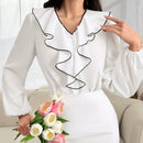 Camisa de manga de linterna de contraste elegante para mujeres con dobladillo de volantes, primavera/otono