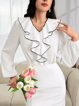 Camisa de manga de linterna de contraste elegante para mujeres con dobladillo de volantes, primavera/otono