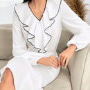 Camisa de manga de linterna de contraste elegante para mujeres con dobladillo de volantes, primavera/otono