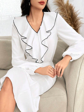 Camisa de manga de linterna de contraste elegante para mujeres con dobladillo de volantes, primavera/otono