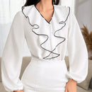 Camisa de manga de linterna de contraste elegante para mujeres con dobladillo de volantes, primavera/otono