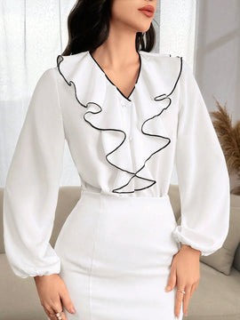 Camisa de manga de linterna de contraste elegante para mujeres con dobladillo de volantes, primavera/otono