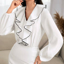 Camisa de manga de linterna de contraste elegante para mujeres con dobladillo de volantes, primavera/otono