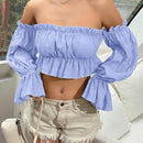 Blusa unicolor casual de manga larga con ribete de volantes y ondas con cuello volante