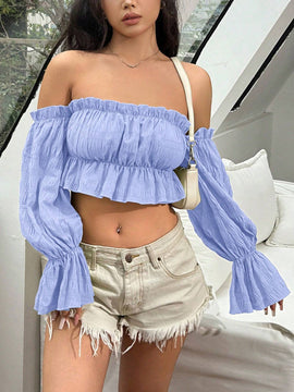 Blusa unicolor casual de manga larga con ribete de volantes y ondas con cuello volante