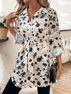 Camisa casual holgada con mangas enrolladas con estampado floral, cintura fruncida para primavera y otono