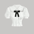 Blusa blanca de trabajo para mujeres con aplicacion de encaje hueco en la parte delantera, con lazo, ropa de regreso a la escuela, camisa para maestras