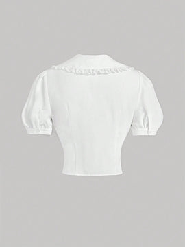 Blusa blanca de trabajo para mujeres con aplicacion de encaje hueco en la parte delantera, con lazo, ropa de regreso a la escuela, camisa para maestras