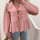 Frenchy Camisa de unicolor con cuello Peter Pan y dobladillo con volantes, manga larga con tetura de lazo