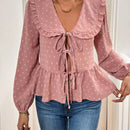 Frenchy Camisa de unicolor con cuello Peter Pan y dobladillo con volantes, manga larga con tetura de lazo