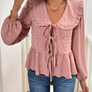 Frenchy Camisa de unicolor con cuello Peter Pan y dobladillo con volantes, manga larga con tetura de lazo
