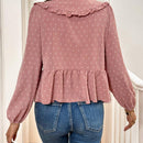 Frenchy Camisa de unicolor con cuello Peter Pan y dobladillo con volantes, manga larga con tetura de lazo