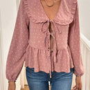 Frenchy Camisa de unicolor con cuello Peter Pan y dobladillo con volantes, manga larga con tetura de lazo