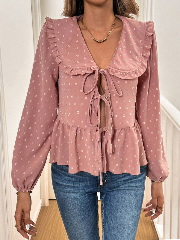 Frenchy Camisa de unicolor con cuello Peter Pan y dobladillo con volantes, manga larga con tetura de lazo