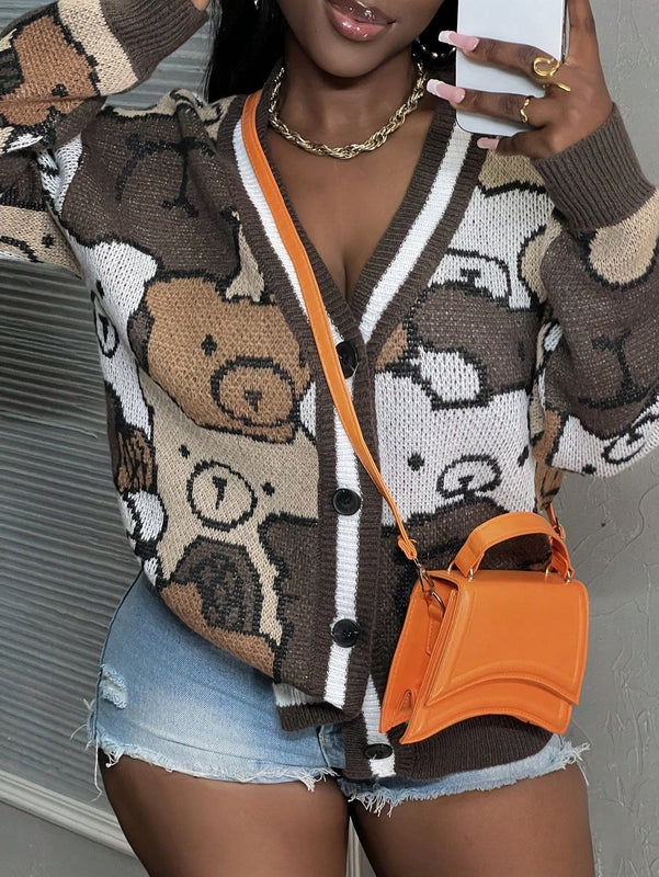 Slayr cardigan de punto con bloque de color y letras de estilo minimalista y casual