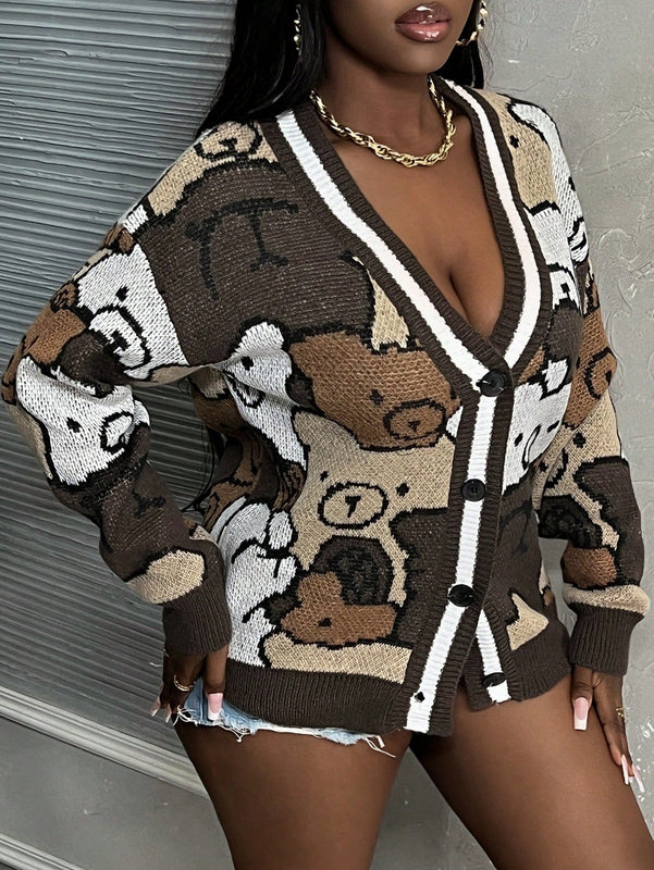 Slayr cardigan de punto con bloque de color y letras de estilo minimalista y casual