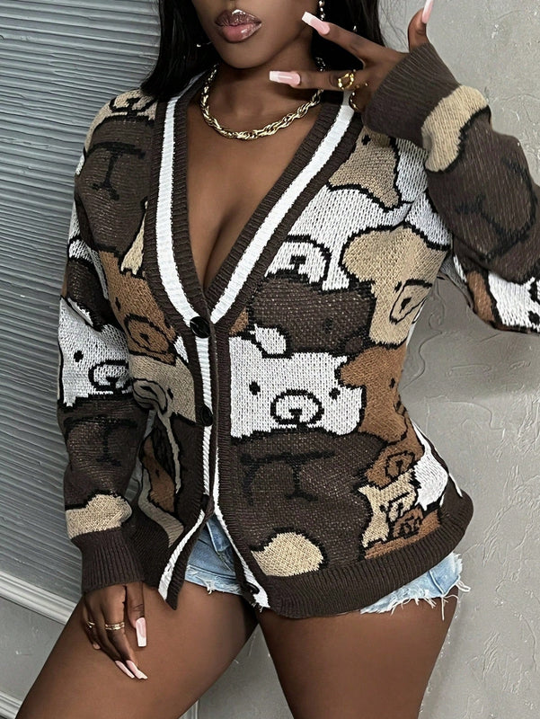 Slayr cardigan de punto con bloque de color y letras de estilo minimalista y casual