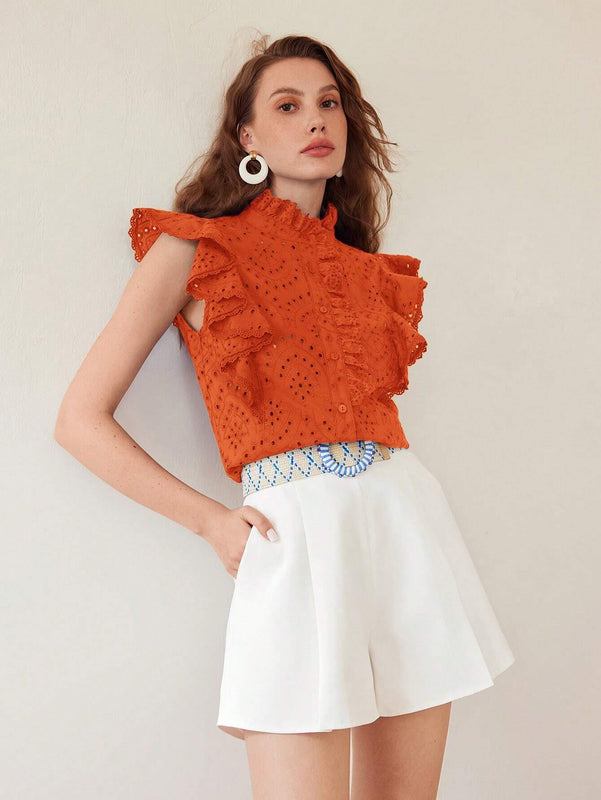 Blusa de agujero para brazos con volantes solidos de Schiffy