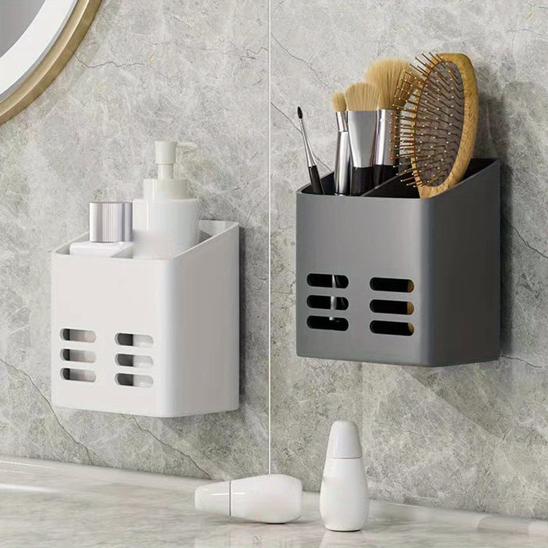 1 pieza, Organizador de almacenamiento de pared, estante multifuncional que no requiere taladro, con cesta de drenaje, para cosméticos de baño, con soporte para cepillo de dientes y peine, soporte para afeitadora, esenciales para cocina y baño, accesorio