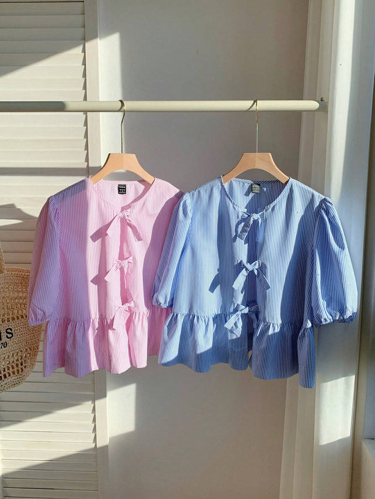 2 piezas Camisa de cuello de muneca a rayas con lazo delantero