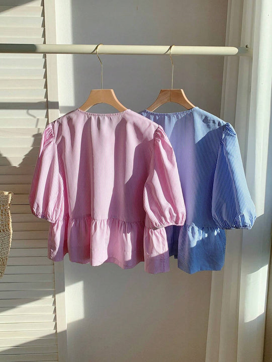 2 piezas Camisa de cuello de muneca a rayas con lazo delantero