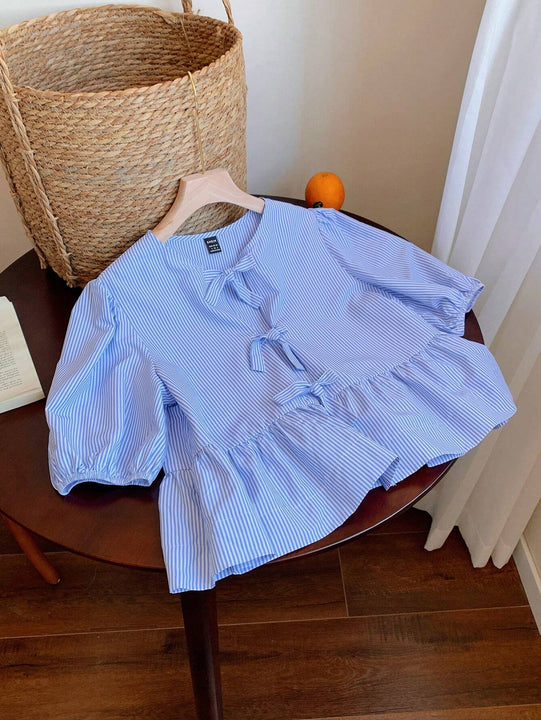 2 piezas Camisa de cuello de muneca a rayas con lazo delantero