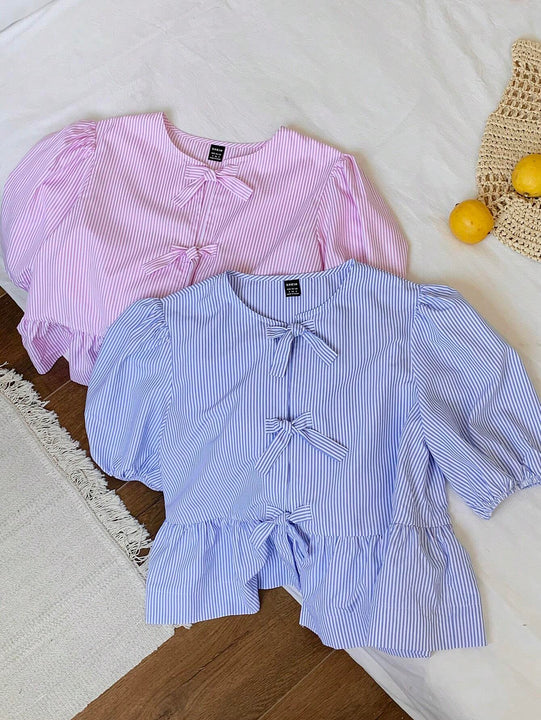 2 piezas Camisa de cuello de muneca a rayas con lazo delantero