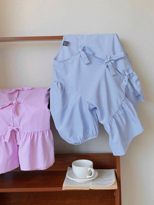 2 piezas Camisa de cuello de muneca a rayas con lazo delantero