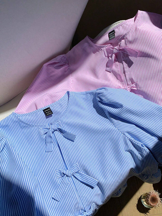 2 piezas Camisa de cuello de muneca a rayas con lazo delantero