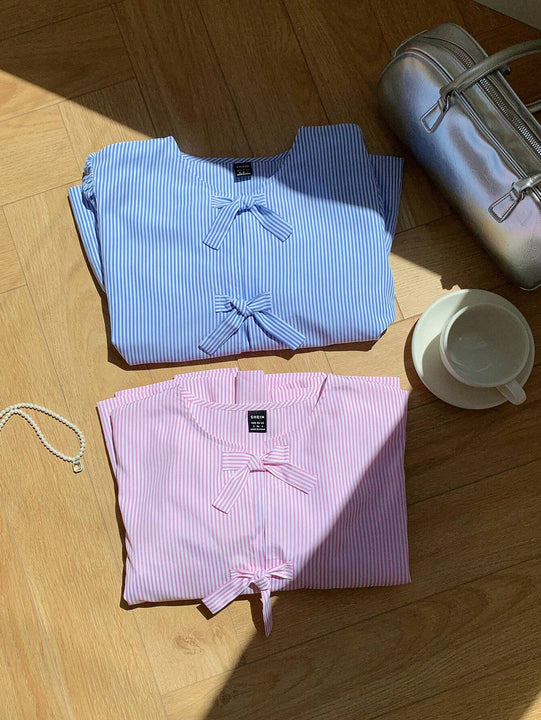 2 piezas Camisa de cuello de muneca a rayas con lazo delantero