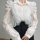 Blusa con mangas abullonadas decorada con mariposas 3D elegante para primavera y verano