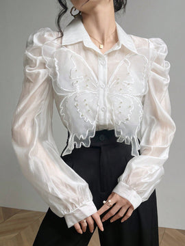 Blusa con mangas abullonadas decorada con mariposas 3D elegante para primavera y verano