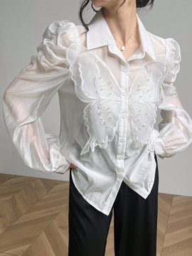 Blusa con mangas abullonadas decorada con mariposas 3D elegante para primavera y verano