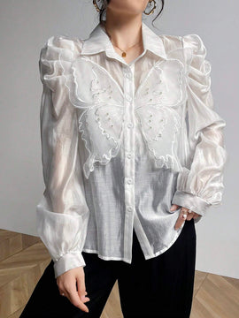 Blusa con mangas abullonadas decorada con mariposas 3D elegante para primavera y verano