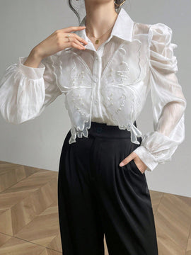 Blusa con mangas abullonadas decorada con mariposas 3D elegante para primavera y verano