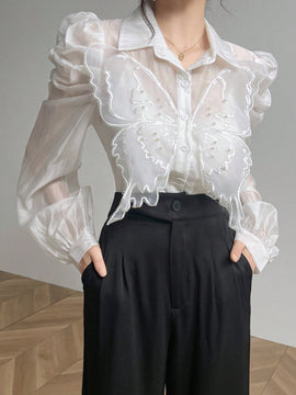 Blusa con mangas abullonadas decorada con mariposas 3D elegante para primavera y verano