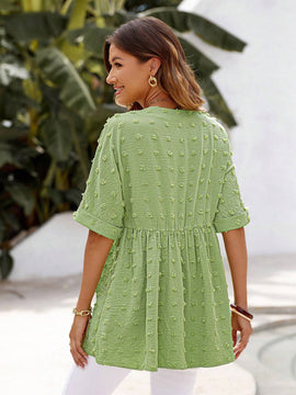 Blusa de muneca con cuello en V de manga corta de tela de jacquard verde