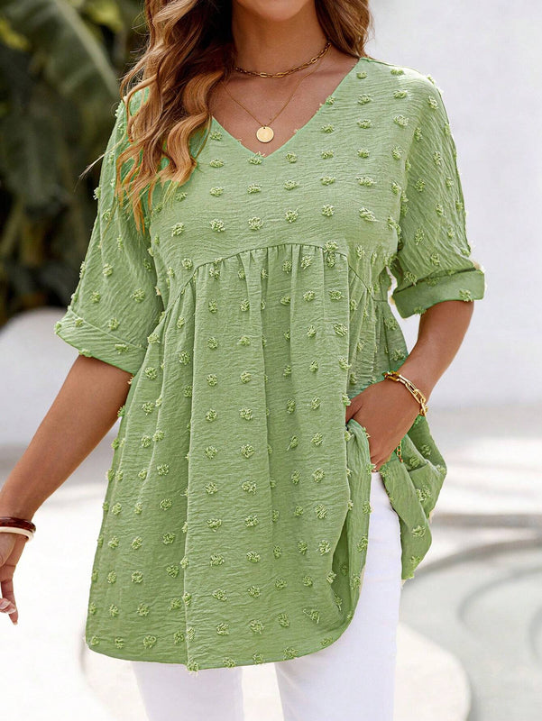 Blusa de muneca con cuello en V de manga corta de tela de jacquard verde