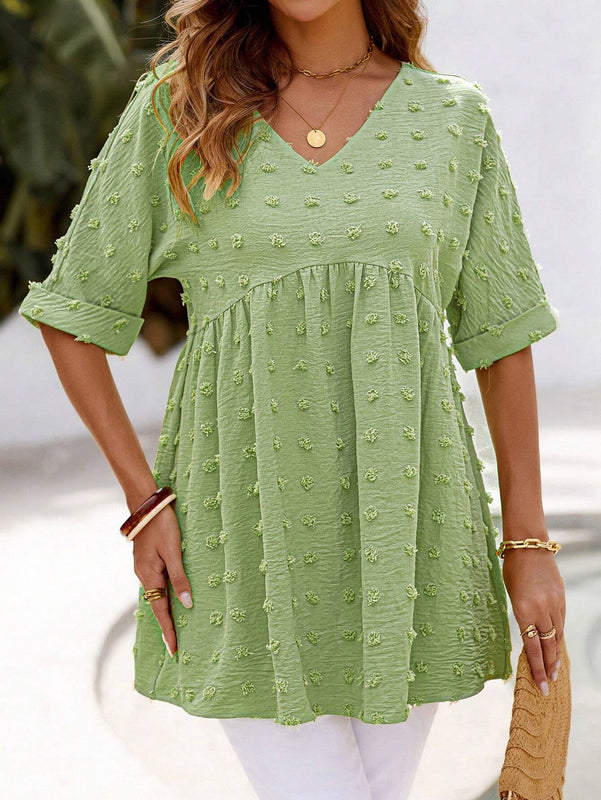 Blusa de muneca con cuello en V de manga corta de tela de jacquard verde
