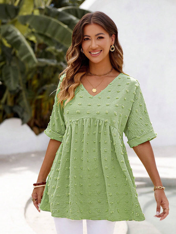 Blusa de muneca con cuello en V de manga corta de tela de jacquard verde