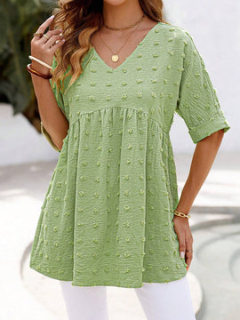 Blusa de muneca con cuello en V de manga corta de tela de jacquard verde
