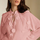 Rosie Estilo dulce frances maduro, cubierta de proteccion solar transparente con cuello en V y cinturon lazado de flores 3D para mujer
