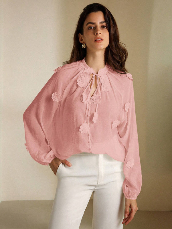 Rosie Estilo dulce frances maduro, cubierta de proteccion solar transparente con cuello en V y cinturon lazado de flores 3D para mujer