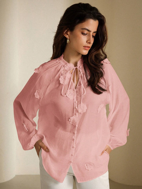 Rosie Estilo dulce frances maduro, cubierta de proteccion solar transparente con cuello en V y cinturon lazado de flores 3D para mujer