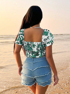 Camisa diaria/de resort simple con estampado aleatorio para mujer