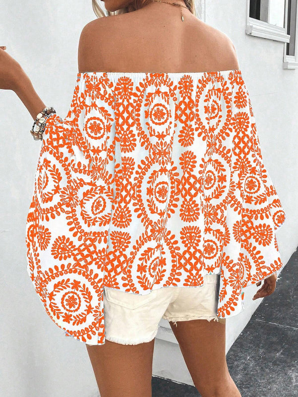Blusa con estampado completo y hombros descubiertos con ribete de encaje, estilo casual de vacaciones