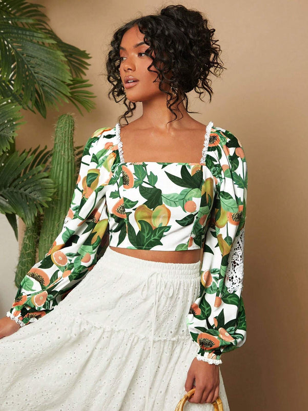 Blusa corta de ajuste delgado con estampado tejido, mangas farol y cuello cuadrado, para vacaciones, Blusas de mujer, Ropa de otono